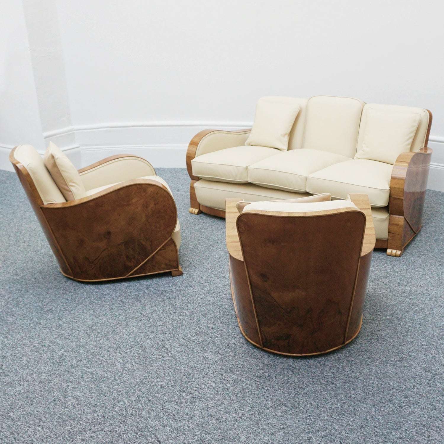 Art Deco Three Piece Lounge Suite Burr Walnut and Cream Leather - Jeroen Markies Art Deco 