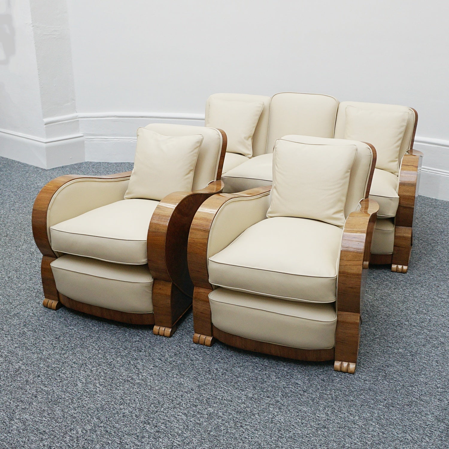 Art Deco Three Piece Lounge Suite Burr Walnut and Cream Leather - Jeroen Markies Art Deco 