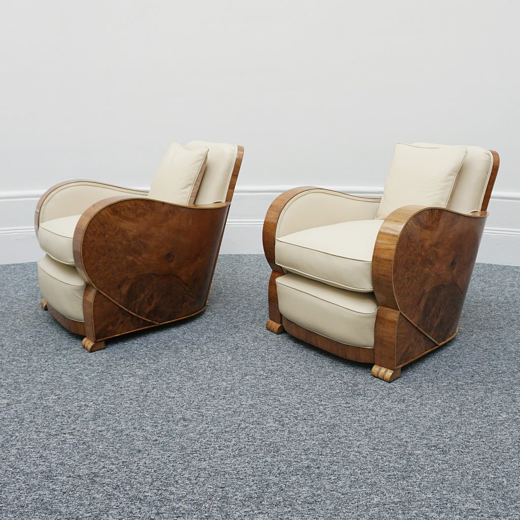 Art Deco Three Piece Lounge Suite Burr Walnut and Cream Leather - Jeroen Markies Art Deco 