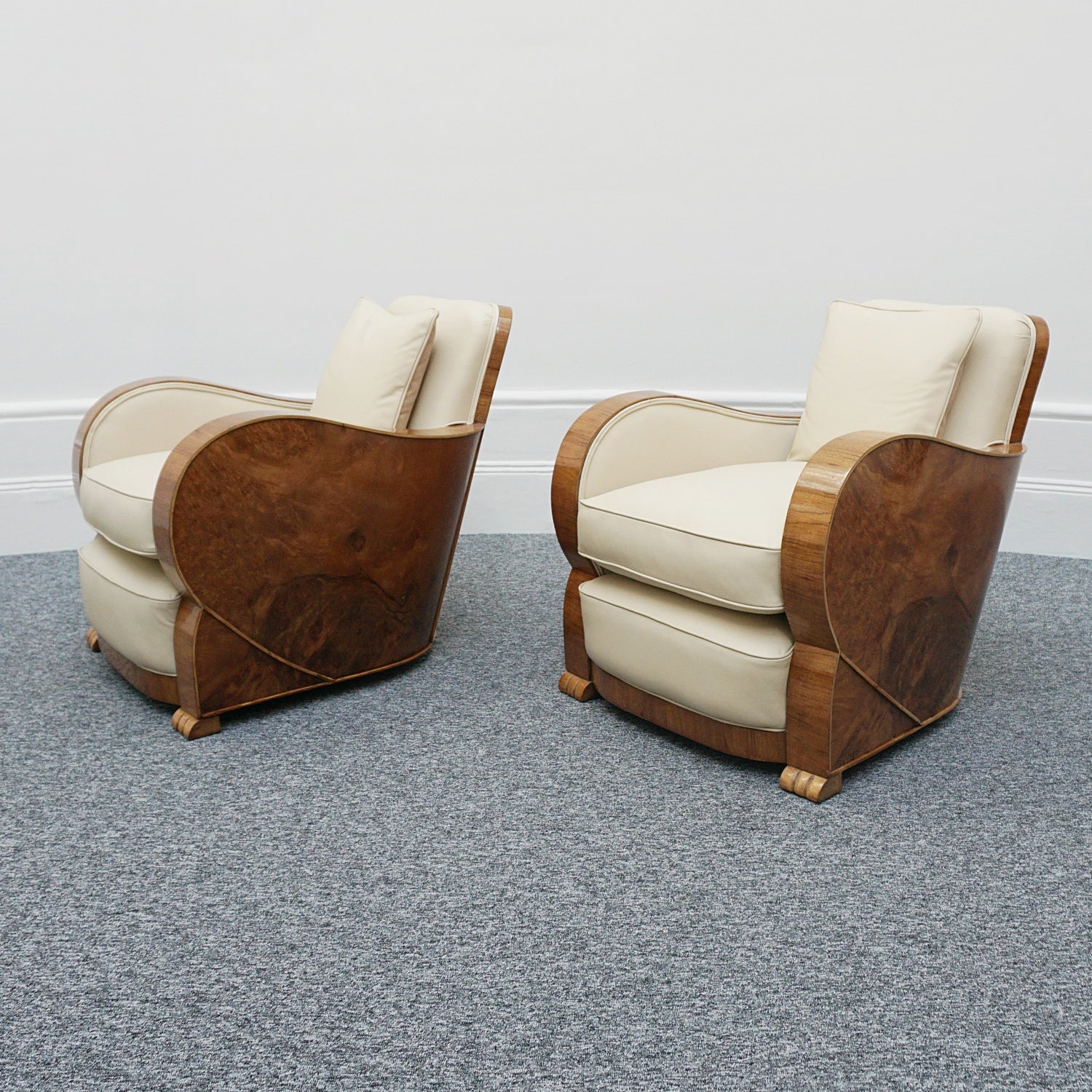 Art Deco Three Piece Lounge Suite Burr Walnut and Cream Leather - Jeroen Markies Art Deco 