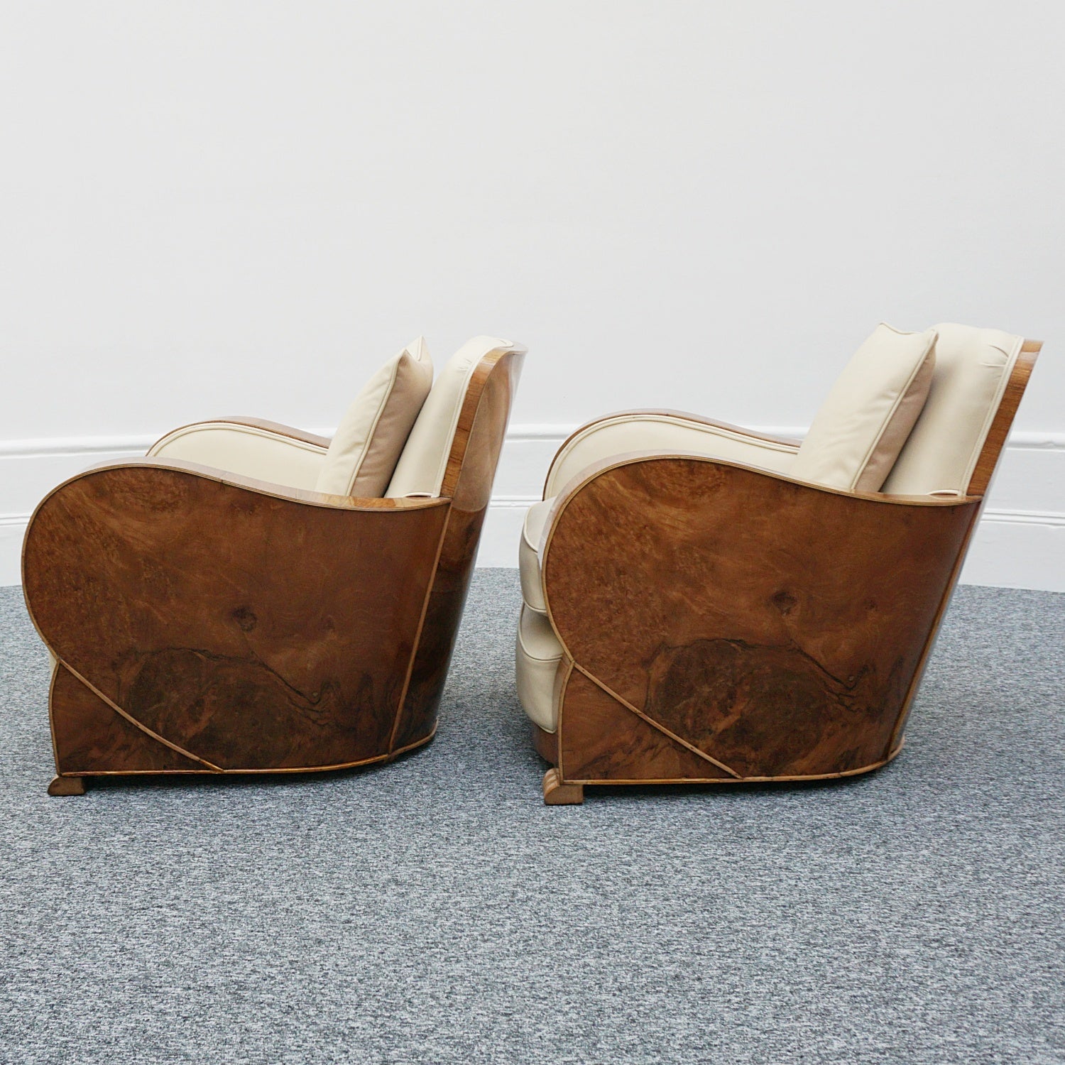 Art Deco Three Piece Lounge Suite Burr Walnut and Cream Leather - Jeroen Markies Art Deco 