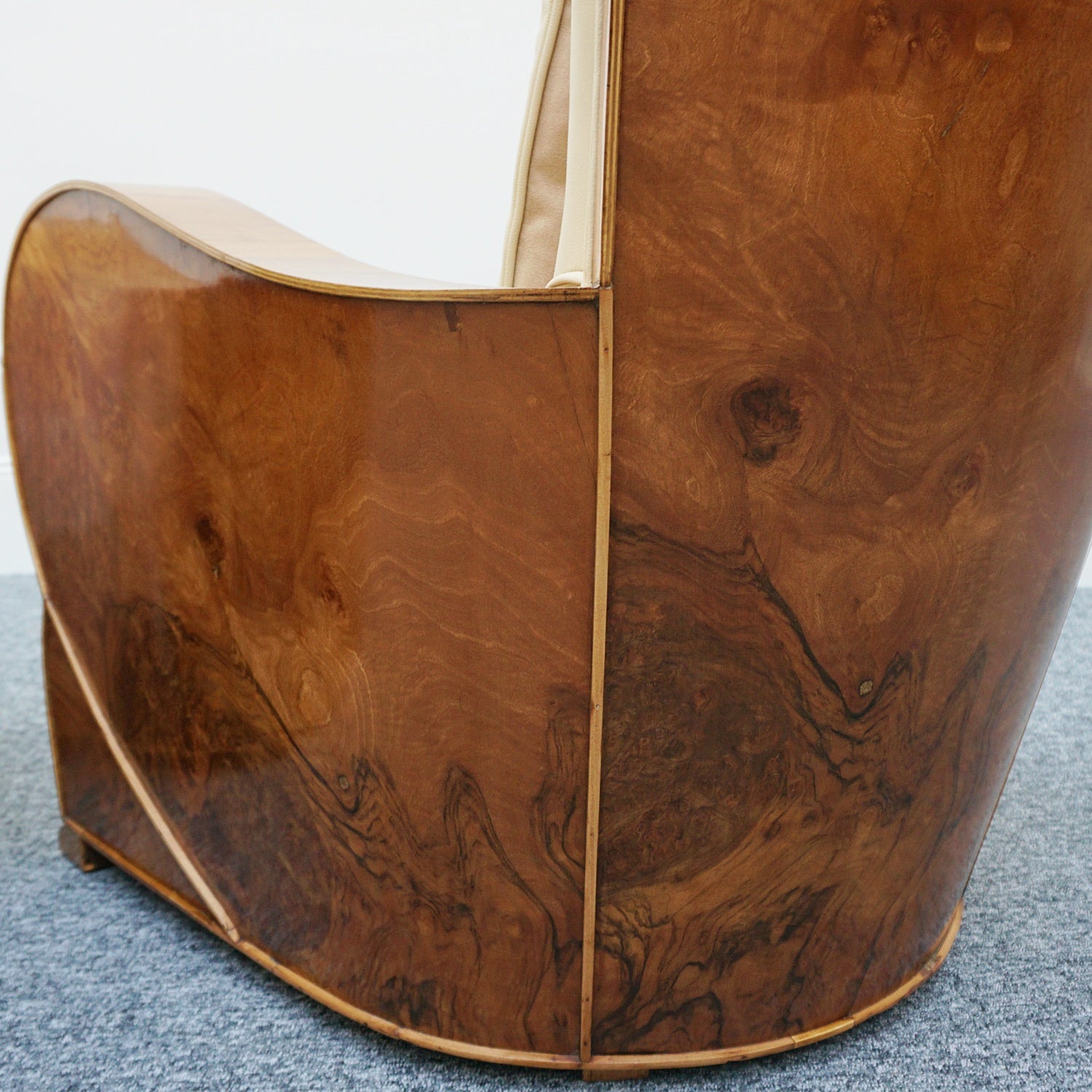 Art Deco Three Piece Lounge Suite Burr Walnut and Cream Leather - Jeroen Markies Art Deco 