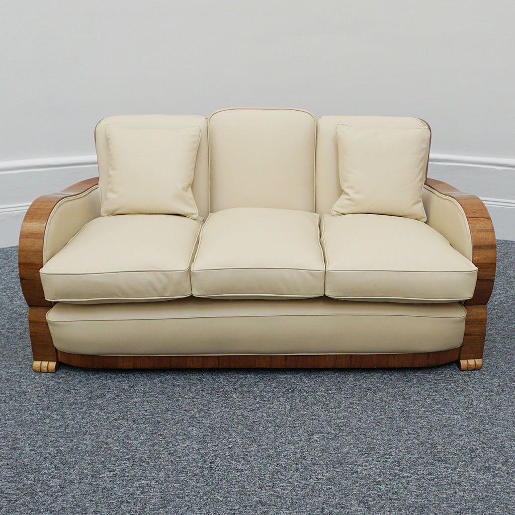 Art Deco Three Piece Lounge Suite Burr Walnut and Cream Leather - Jeroen Markies Art Deco 