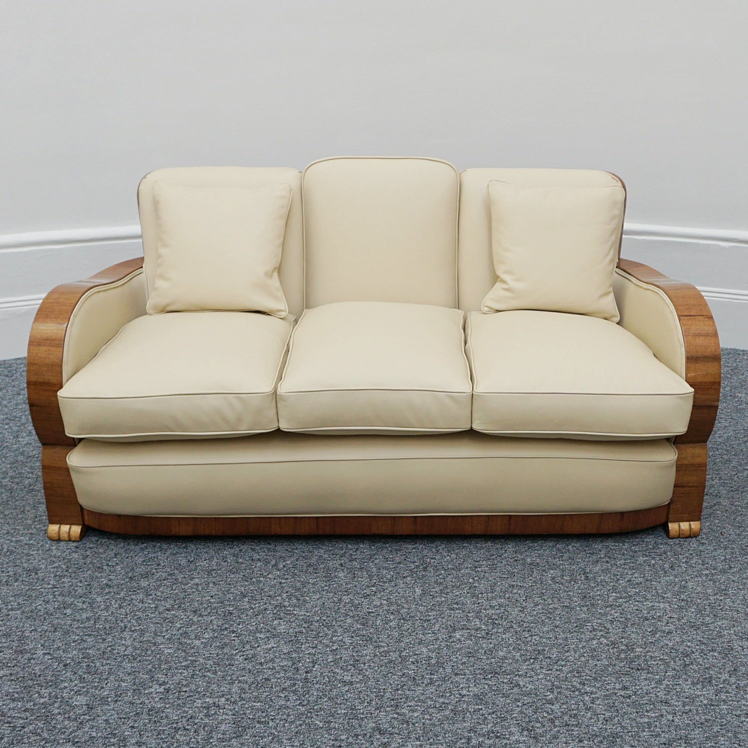 Art Deco Three Piece Lounge Suite Burr Walnut and Cream Leather - Jeroen Markies Art Deco 