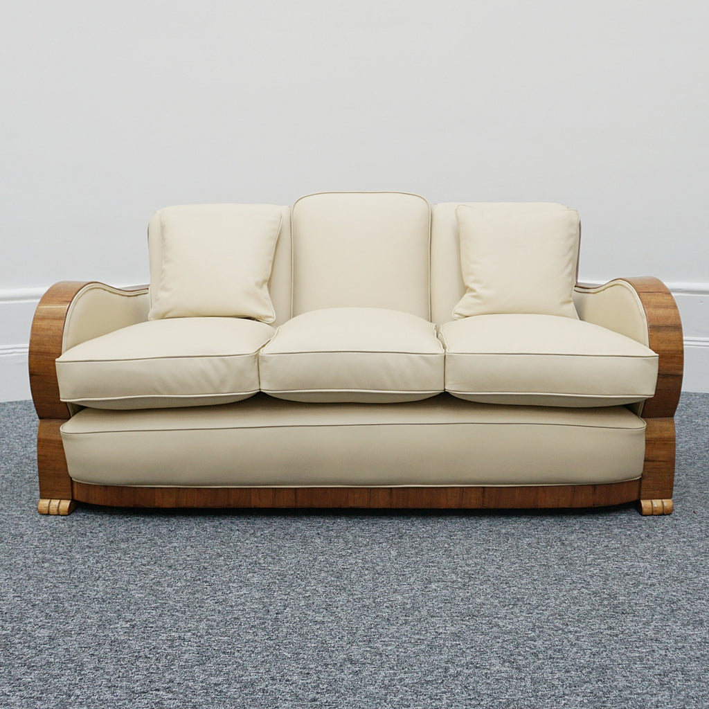Art Deco Three Piece Lounge Suite Burr Walnut and Cream Leather - Jeroen Markies Art Deco 