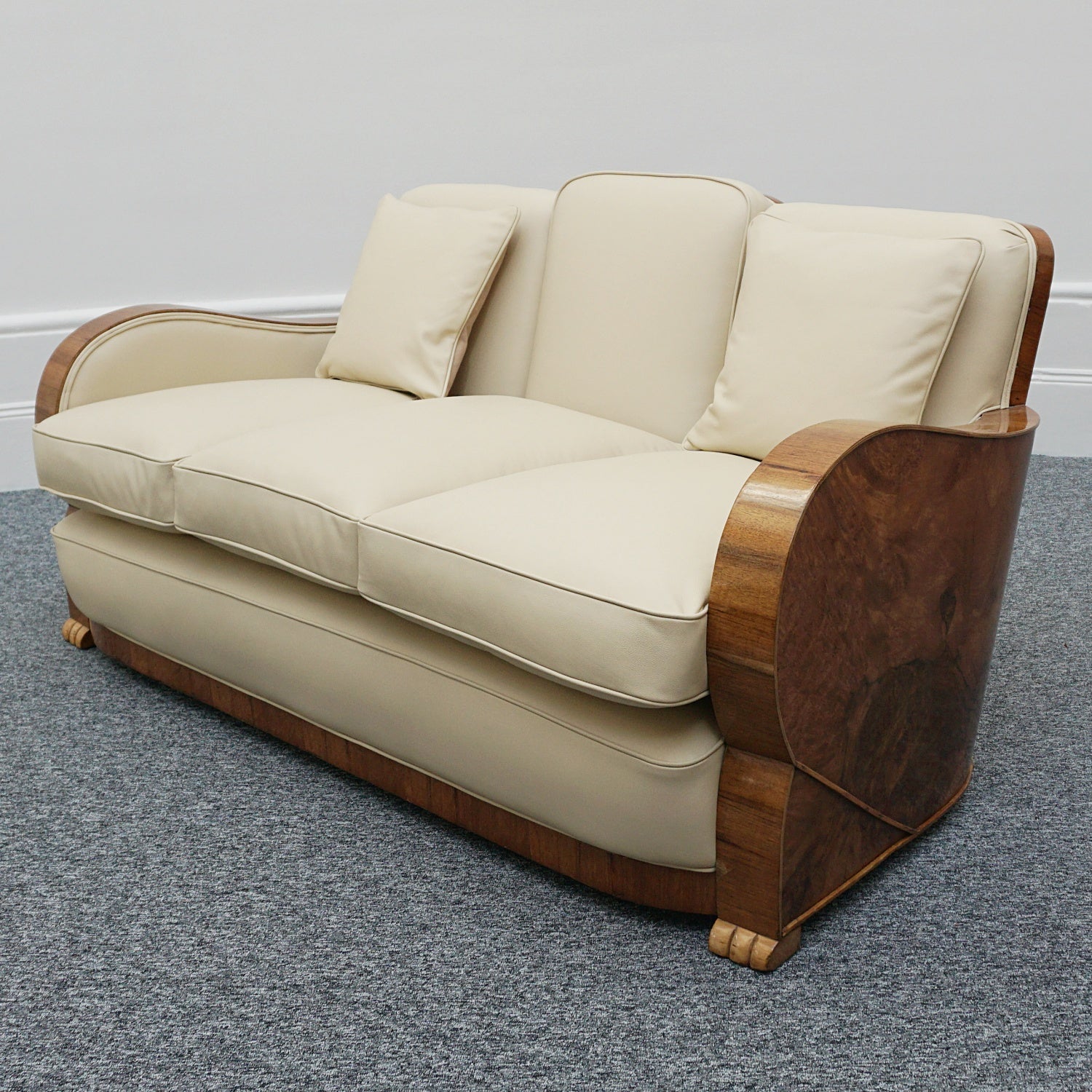 Art Deco Three Piece Lounge Suite Burr Walnut and Cream Leather - Jeroen Markies Art Deco 