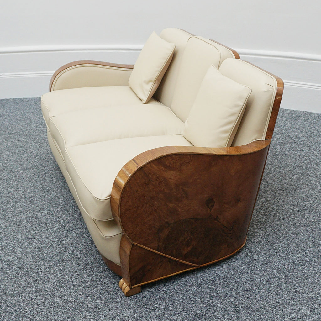Art Deco Three Piece Lounge Suite Burr Walnut and Cream Leather - Jeroen Markies Art Deco 