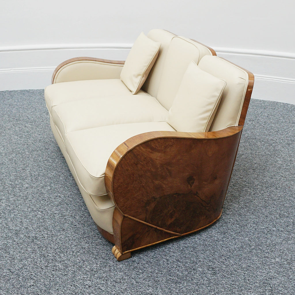 Art Deco Three Piece Lounge Suite Burr Walnut and Cream Leather - Jeroen Markies Art Deco 