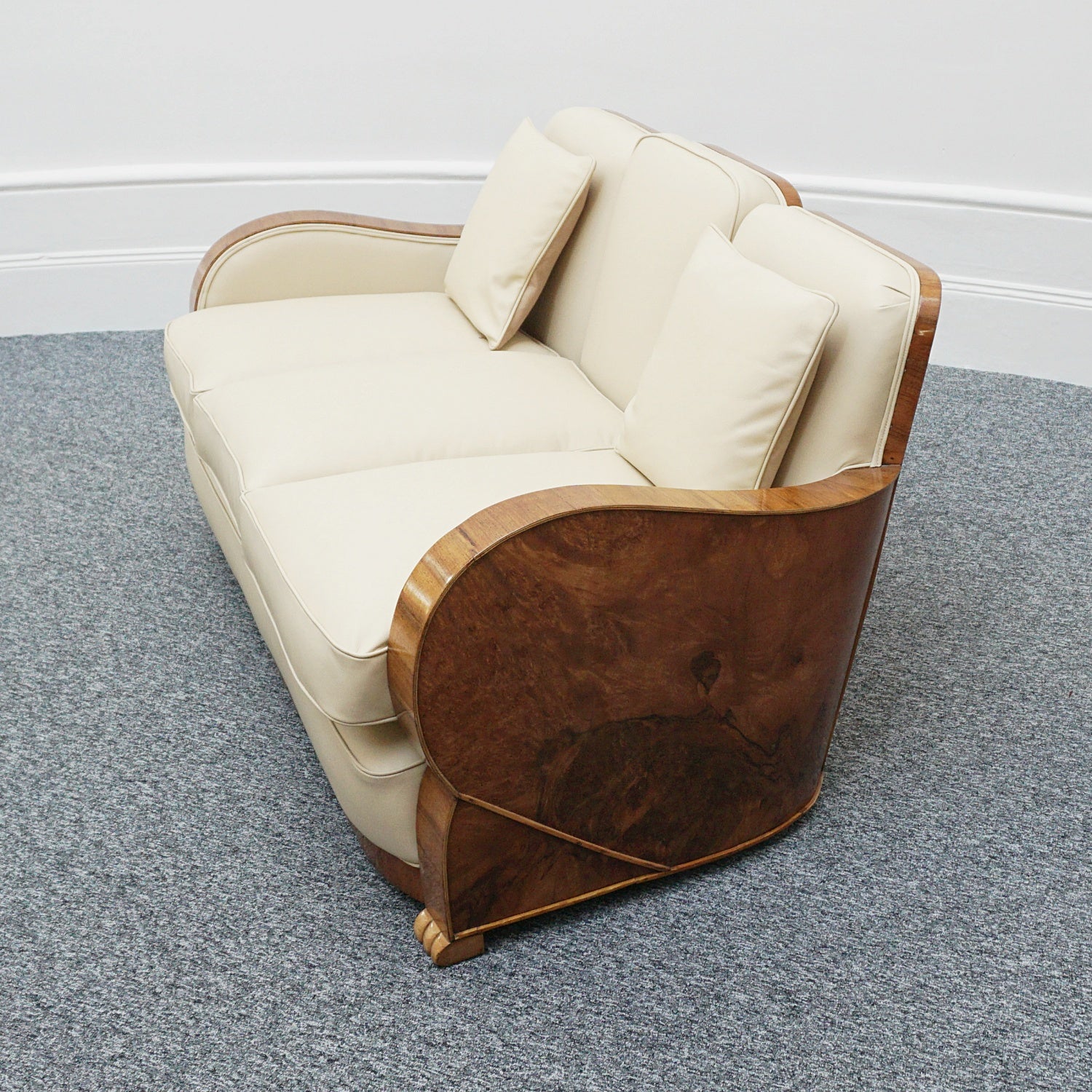 Art Deco Three Piece Lounge Suite Burr Walnut and Cream Leather - Jeroen Markies Art Deco 