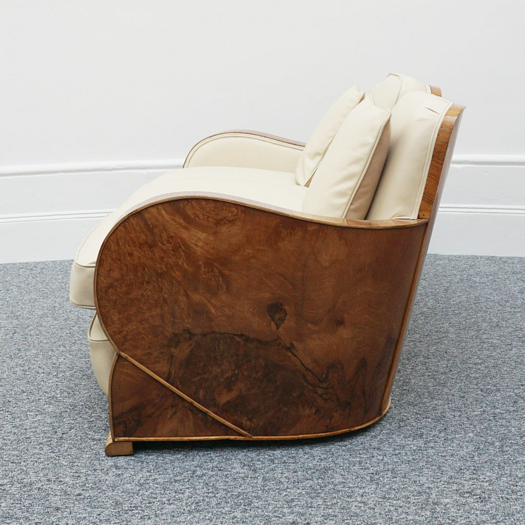 Art Deco Three Piece Lounge Suite Burr Walnut and Cream Leather - Jeroen Markies Art Deco 