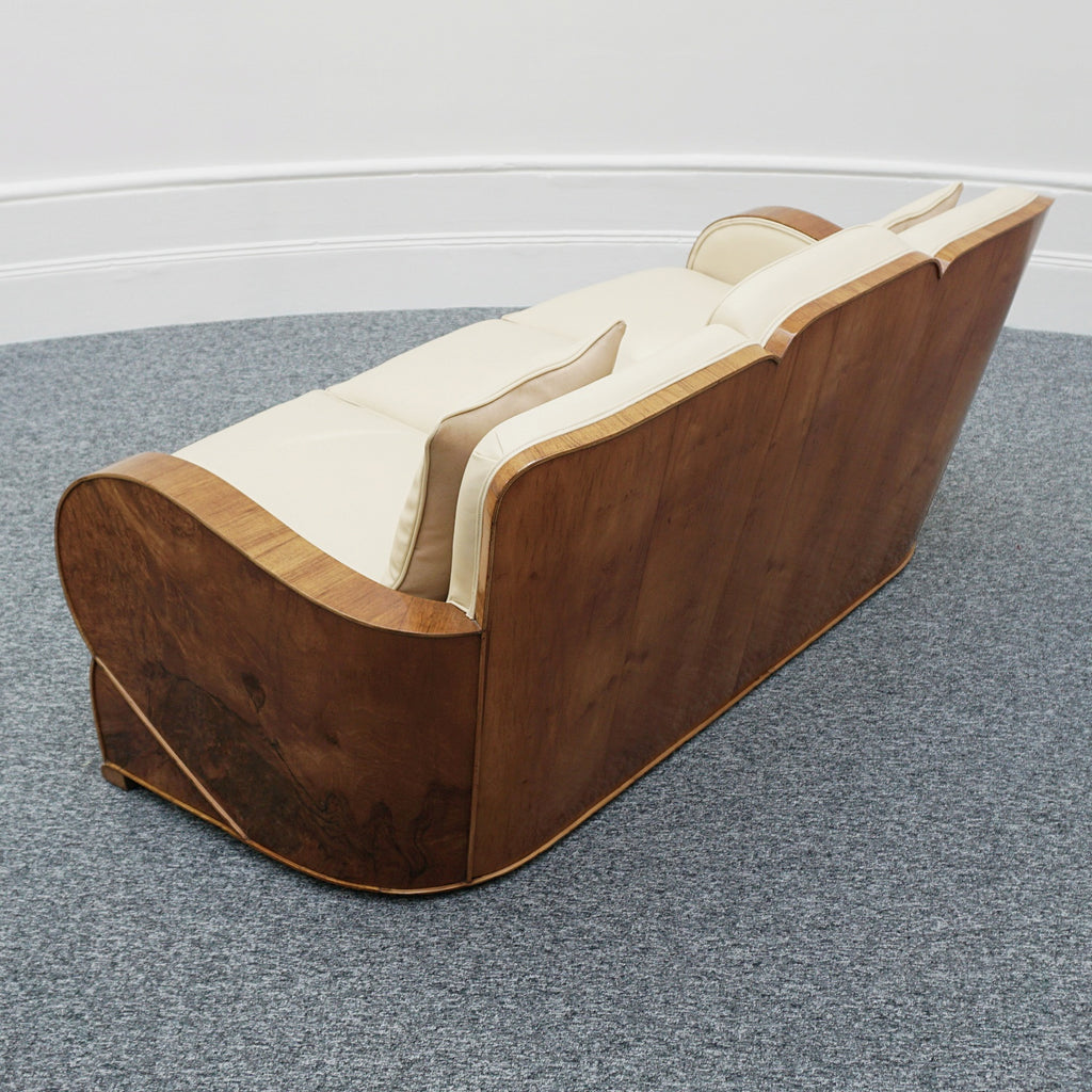 Art Deco Three Piece Lounge Suite Burr Walnut and Cream Leather - Jeroen Markies Art Deco 
