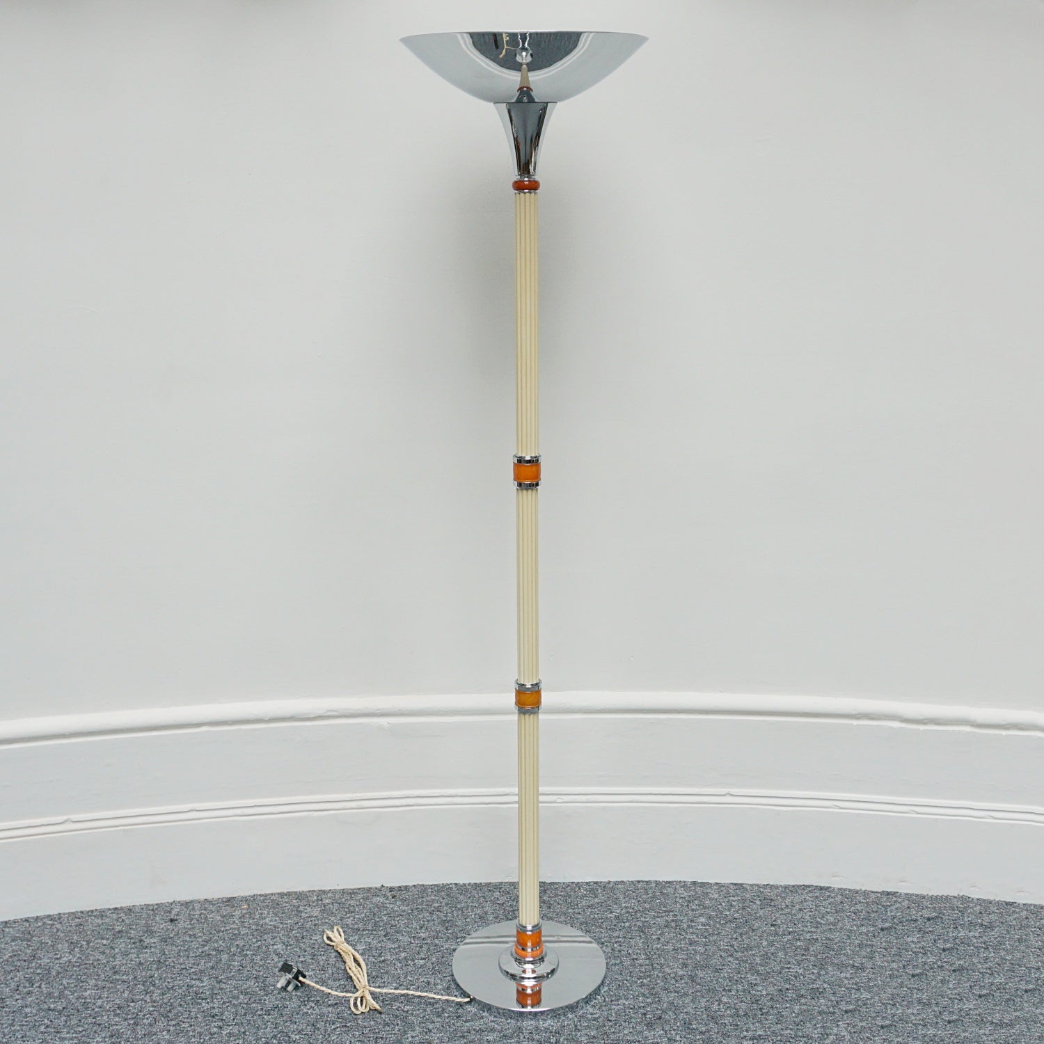 Art Deco Style Chromed Metal and Bakelite Uplighter Floor Lamp Yellow and Orange Light - Jeroen Markies Art Deco