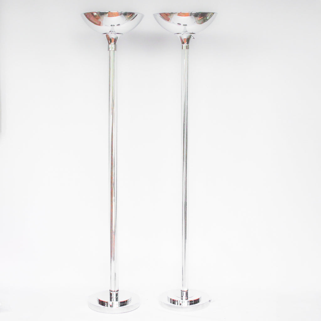 An Art Deco, matched pair of uplighter lamps. Fully refurbished, re-wired and re-chromed. Some replacement parts at Jeroen Markies.