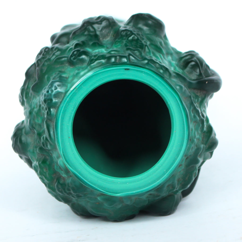 Bohemian malachite jade glass vase. Encircled raised relief of women collecting harvest at Jeroen Markies.
