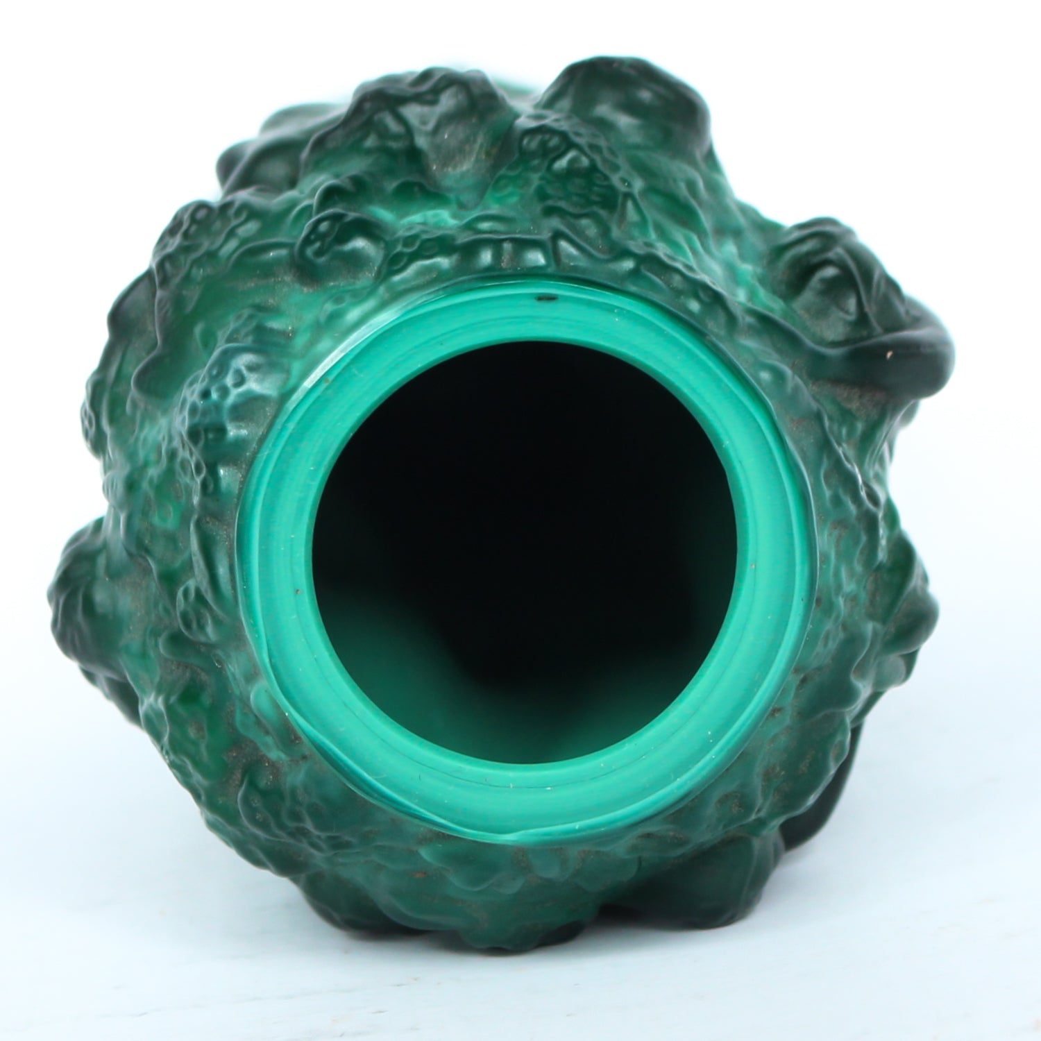 Bohemian malachite jade glass vase. Encircled raised relief of women collecting harvest at Jeroen Markies.