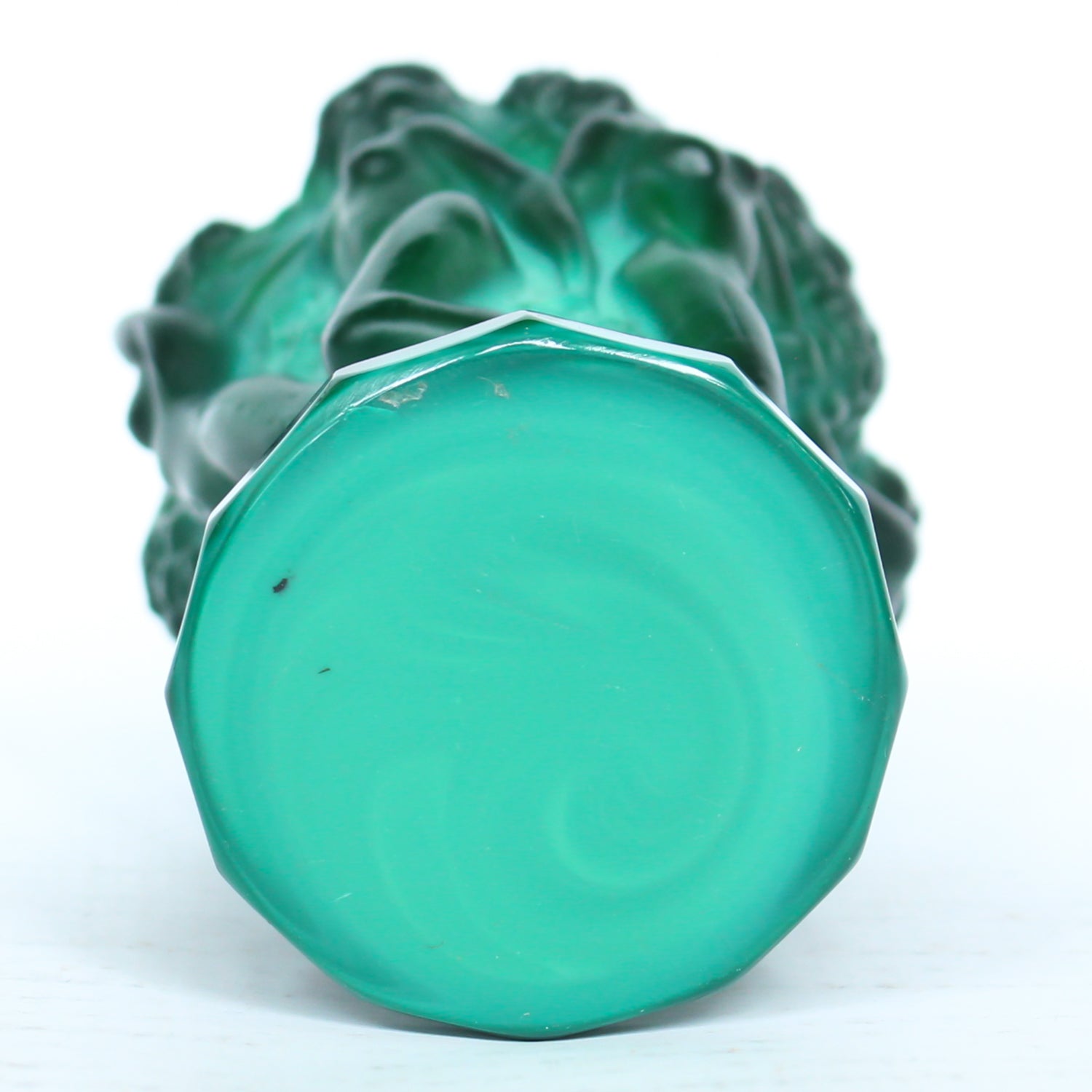 Bohemian malachite jade glass vase. Encircled raised relief of women collecting harvest at Jeroen Markies.