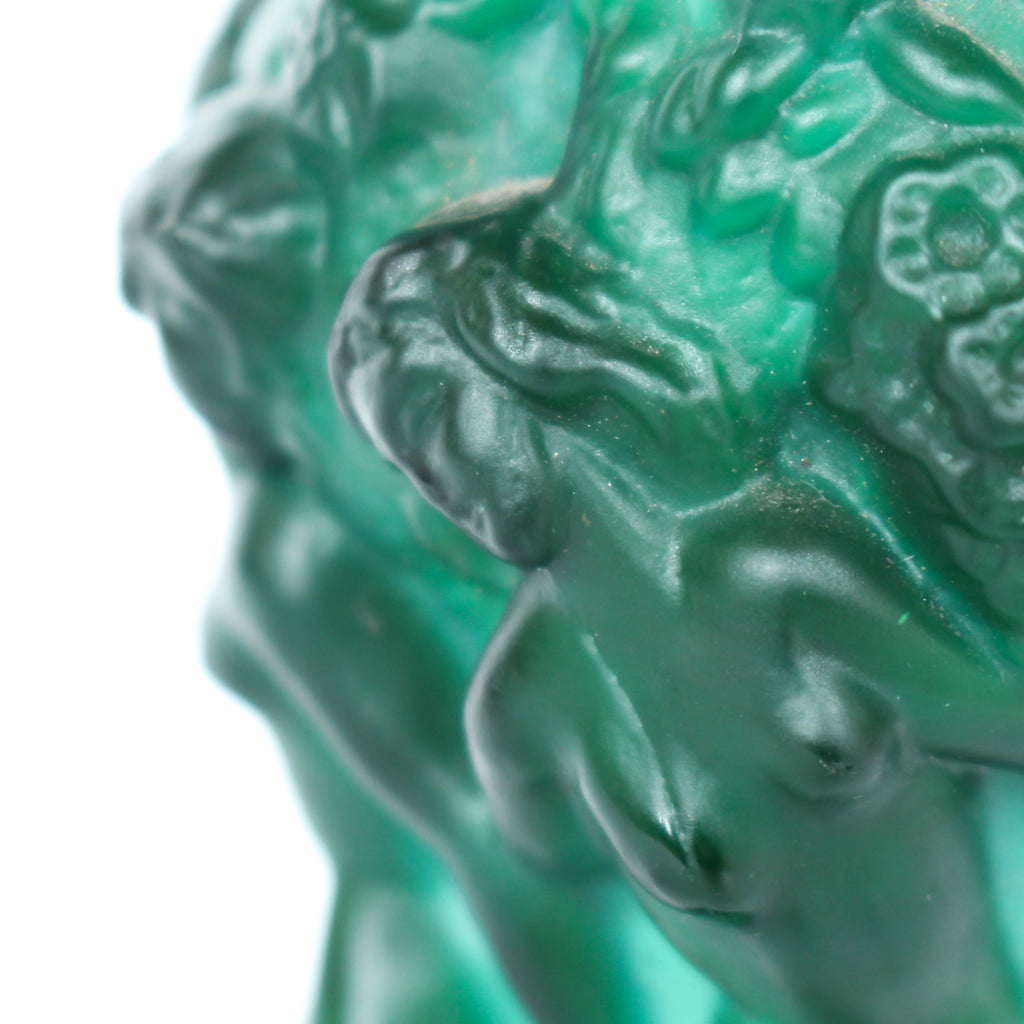 Bohemian malachite jade glass vase. Encircled raised relief of women collecting harvest at Jeroen Markies.