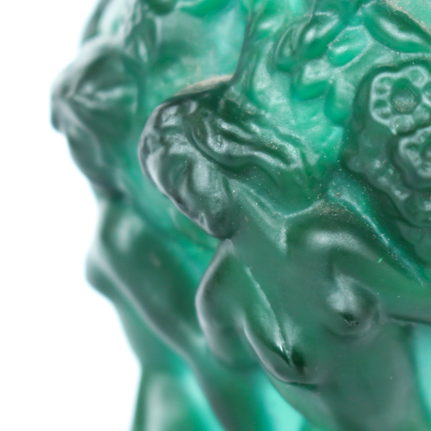 Bohemian malachite jade glass vase. Encircled raised relief of women collecting harvest at Jeroen Markies.