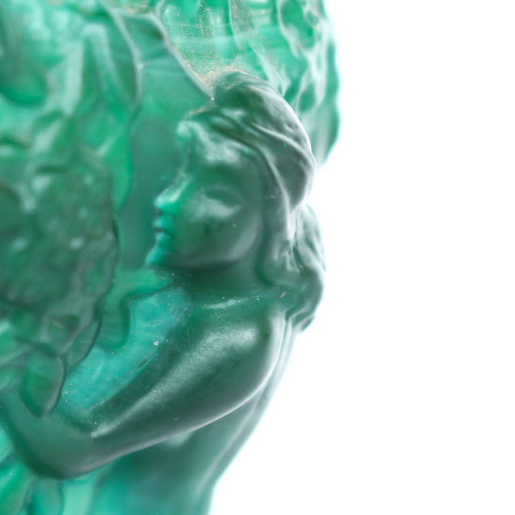 Bohemian malachite jade glass vase. Encircled raised relief of women collecting harvest at Jeroen Markies.