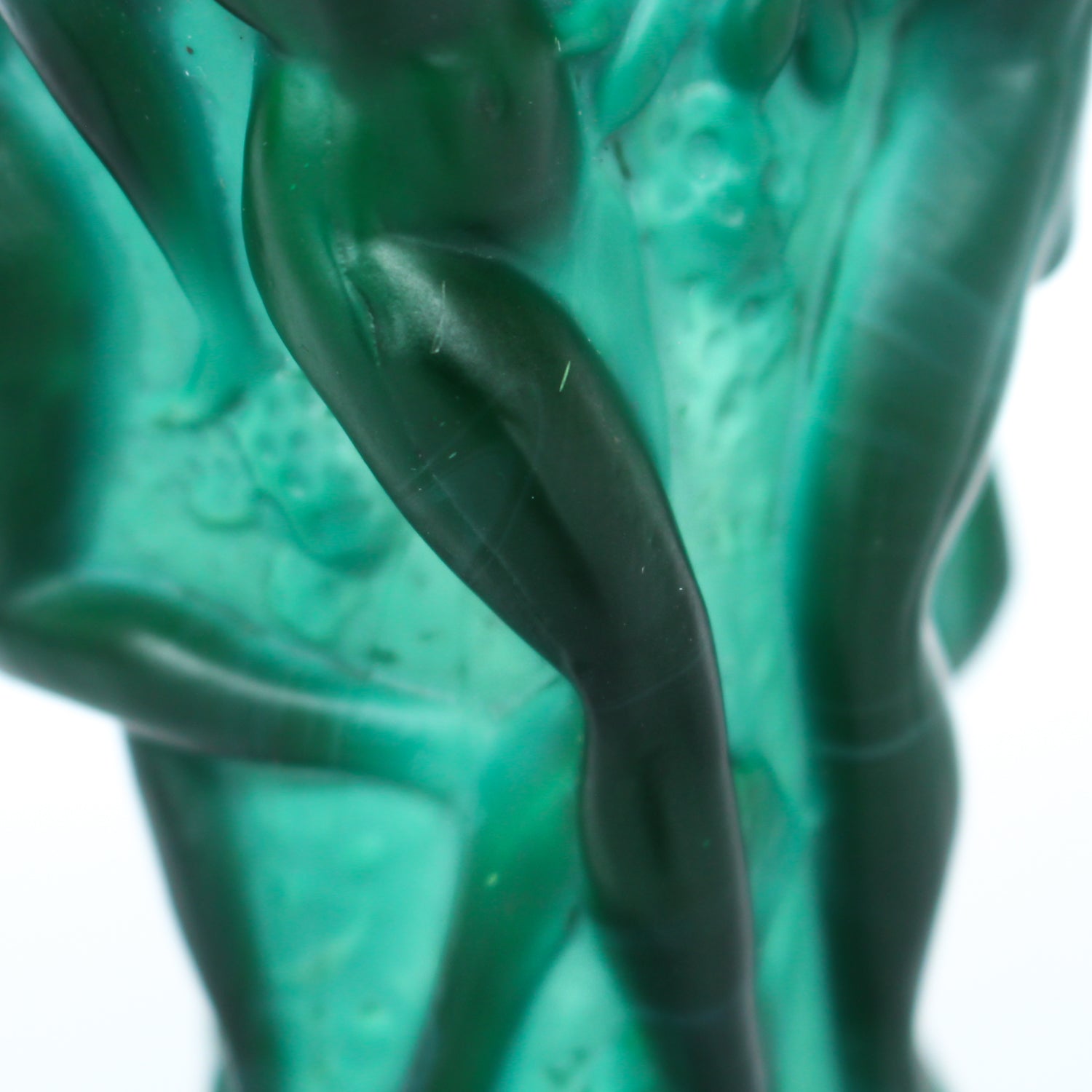 Bohemian malachite jade glass vase. Encircled raised relief of women collecting harvest at Jeroen Markies.