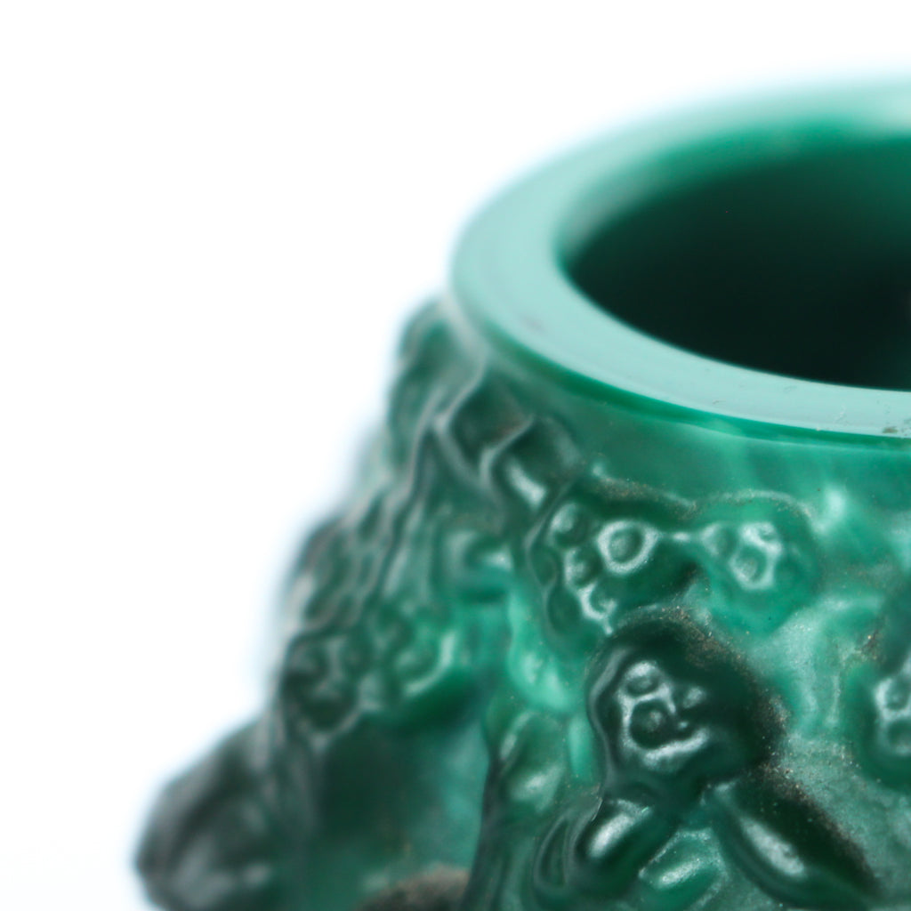 Bohemian malachite jade glass vase. Encircled raised relief of women collecting harvest at Jeroen Markies.