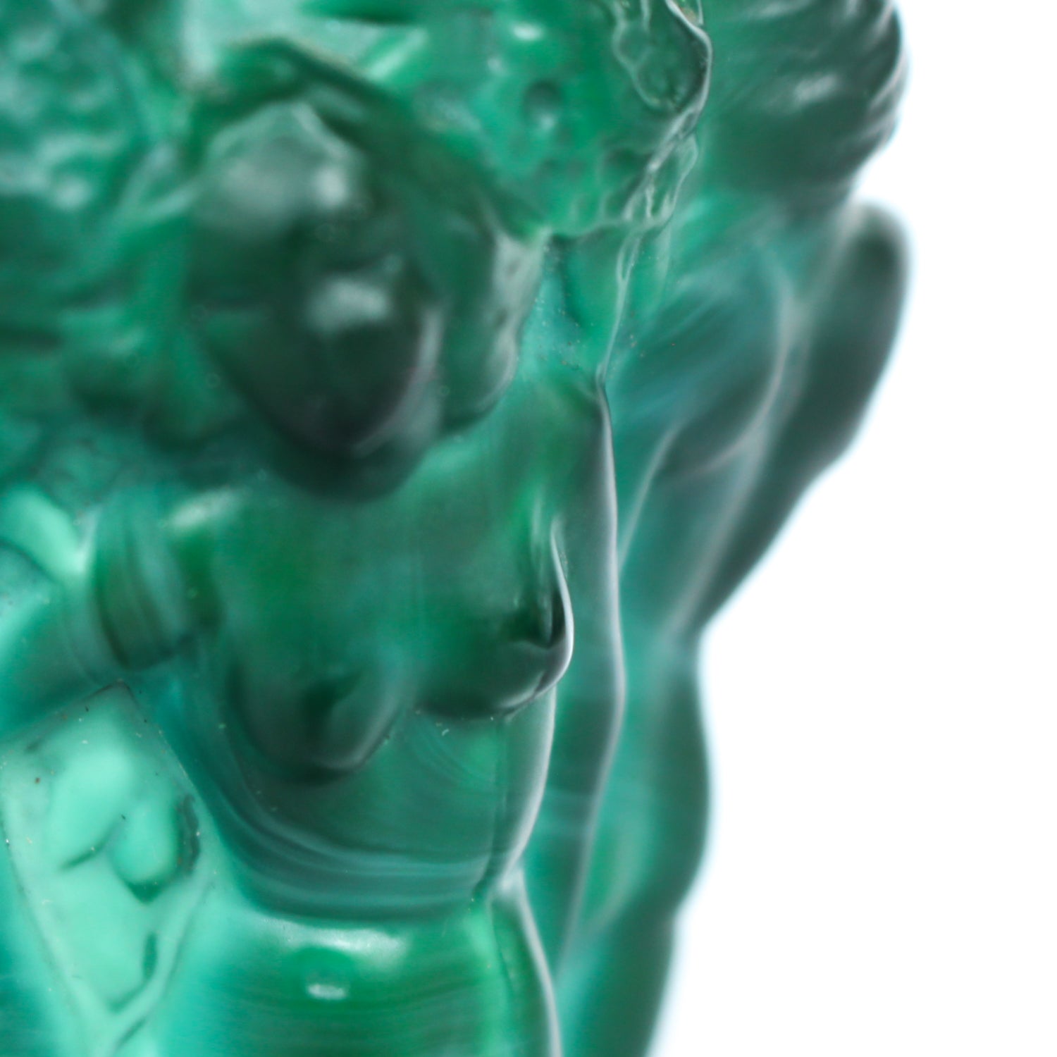 Bohemian malachite jade glass vase. Encircled raised relief of women collecting harvest at Jeroen Markies.