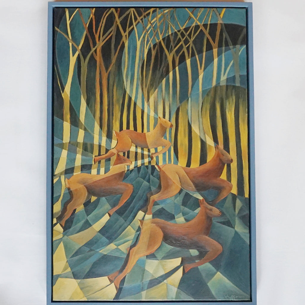Vera Jefferson Oil on Canvas Contemporary Paining of Deer Running Through the Woods - Jeroen Markies Art Deco