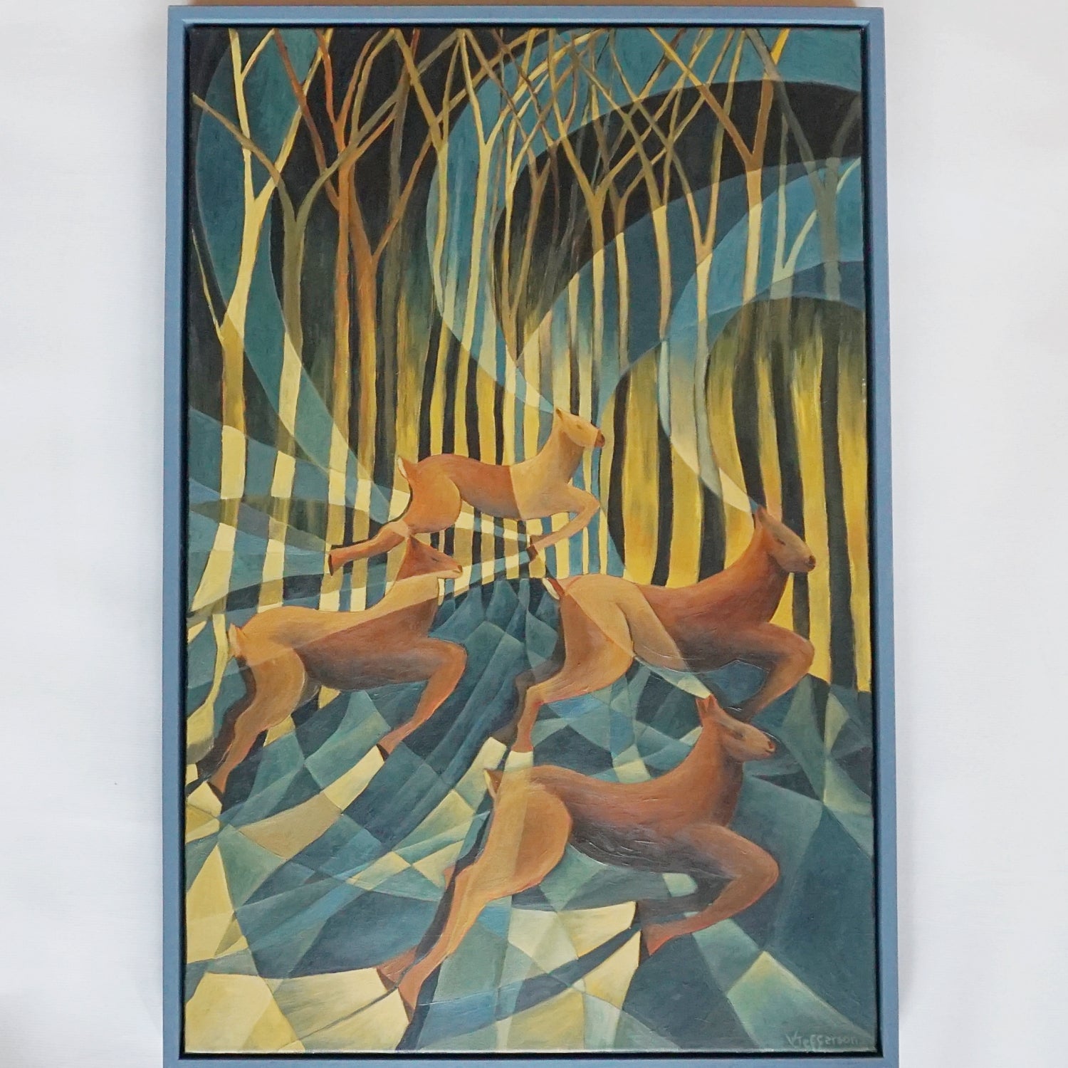 Vera Jefferson Oil on Canvas Contemporary Paining of Deer Running Through the Woods - Jeroen Markies Art Deco