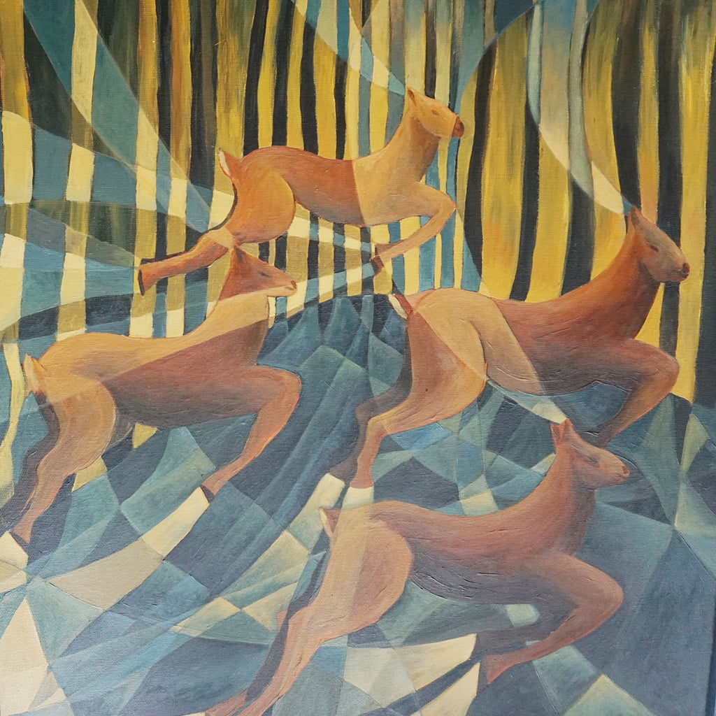 Vera Jefferson Oil on Canvas Contemporary Paining of Deer Running Through the Woods - Jeroen Markies Art Deco