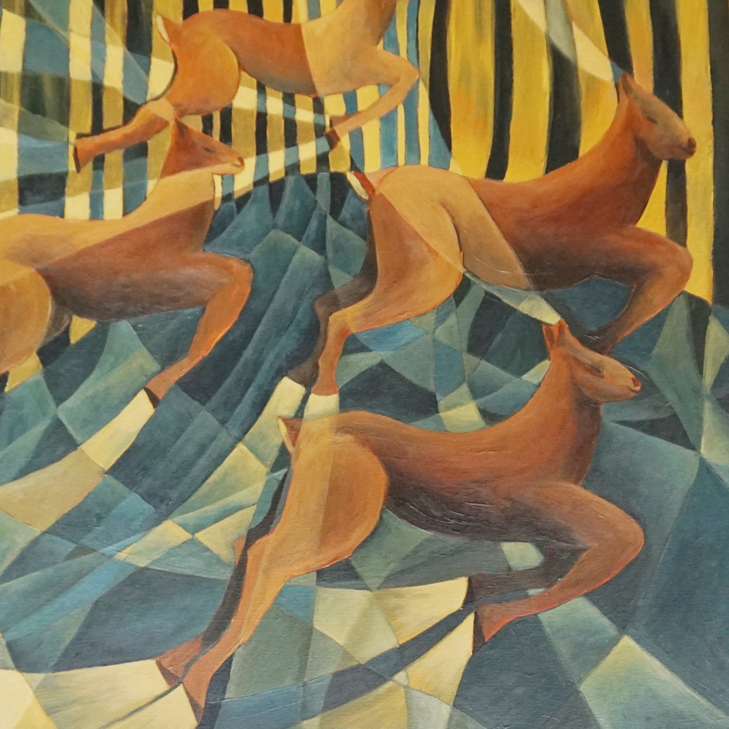 Vera Jefferson Oil on Canvas Contemporary Paining of Deer Running Through the Woods - Jeroen Markies Art Deco