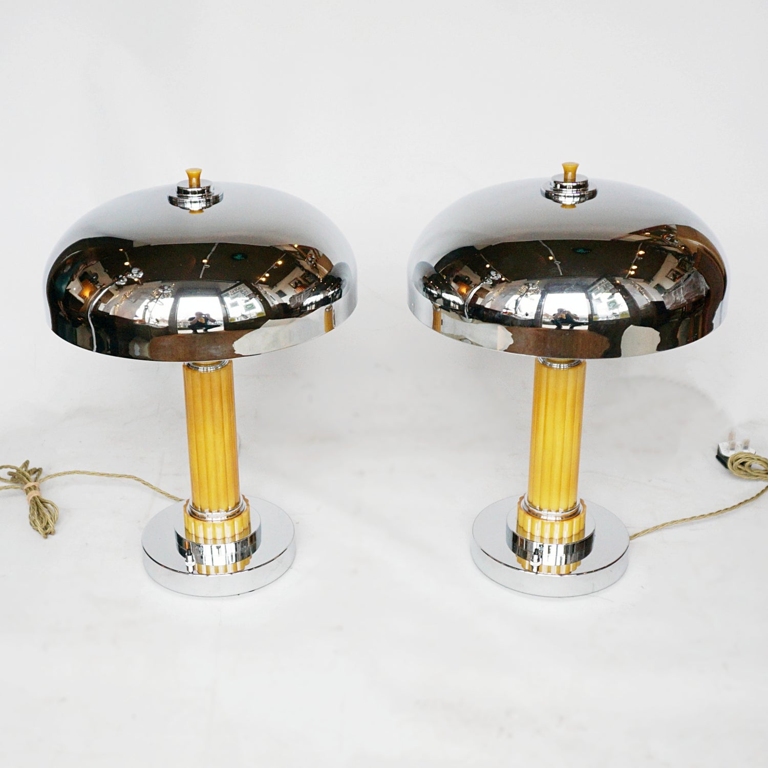 Pair of Art Deco Dome Lamps Chrome and Yellow Bakelite - Jeroen Markies Art Deco