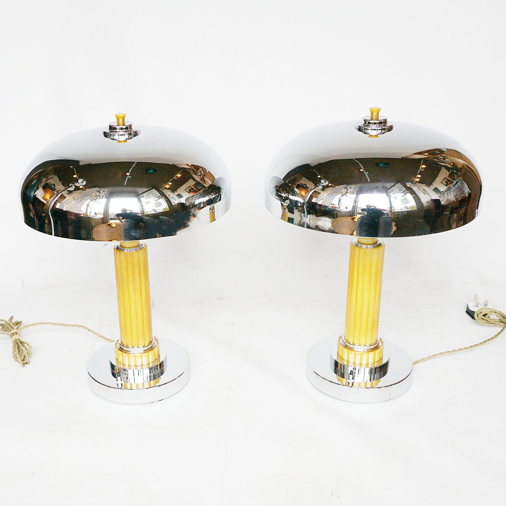 Pair of Art Deco Dome Lamps Chrome and Yellow Bakelite - Jeroen Markies Art Deco