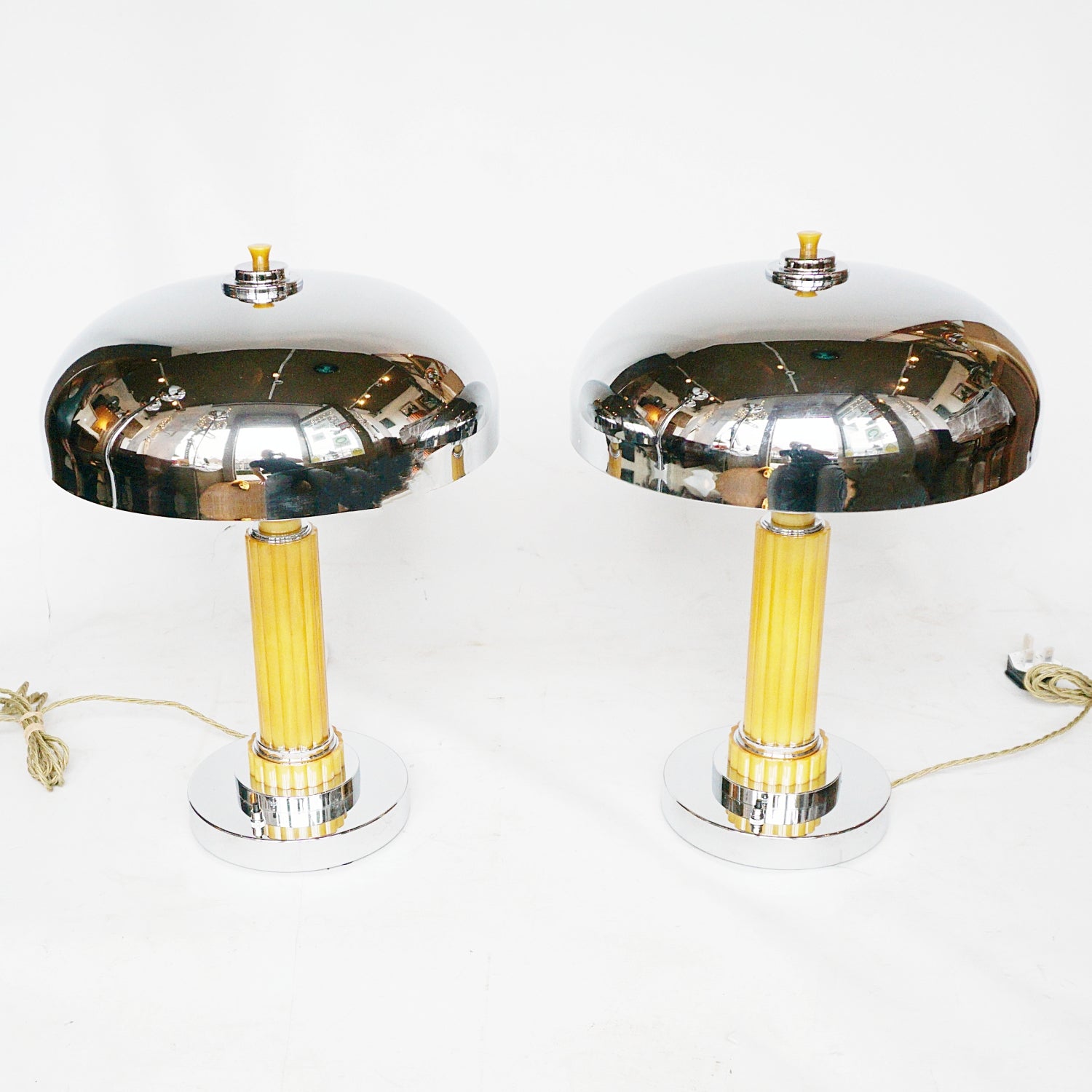 Pair of Art Deco Dome Lamps Chrome and Yellow Bakelite - Jeroen Markies Art Deco
