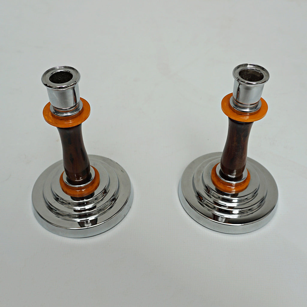 Pair of Vintage Art Deco Bakelite and Chromed Metal Candlesticks - Jeroen Markies Art Deco
