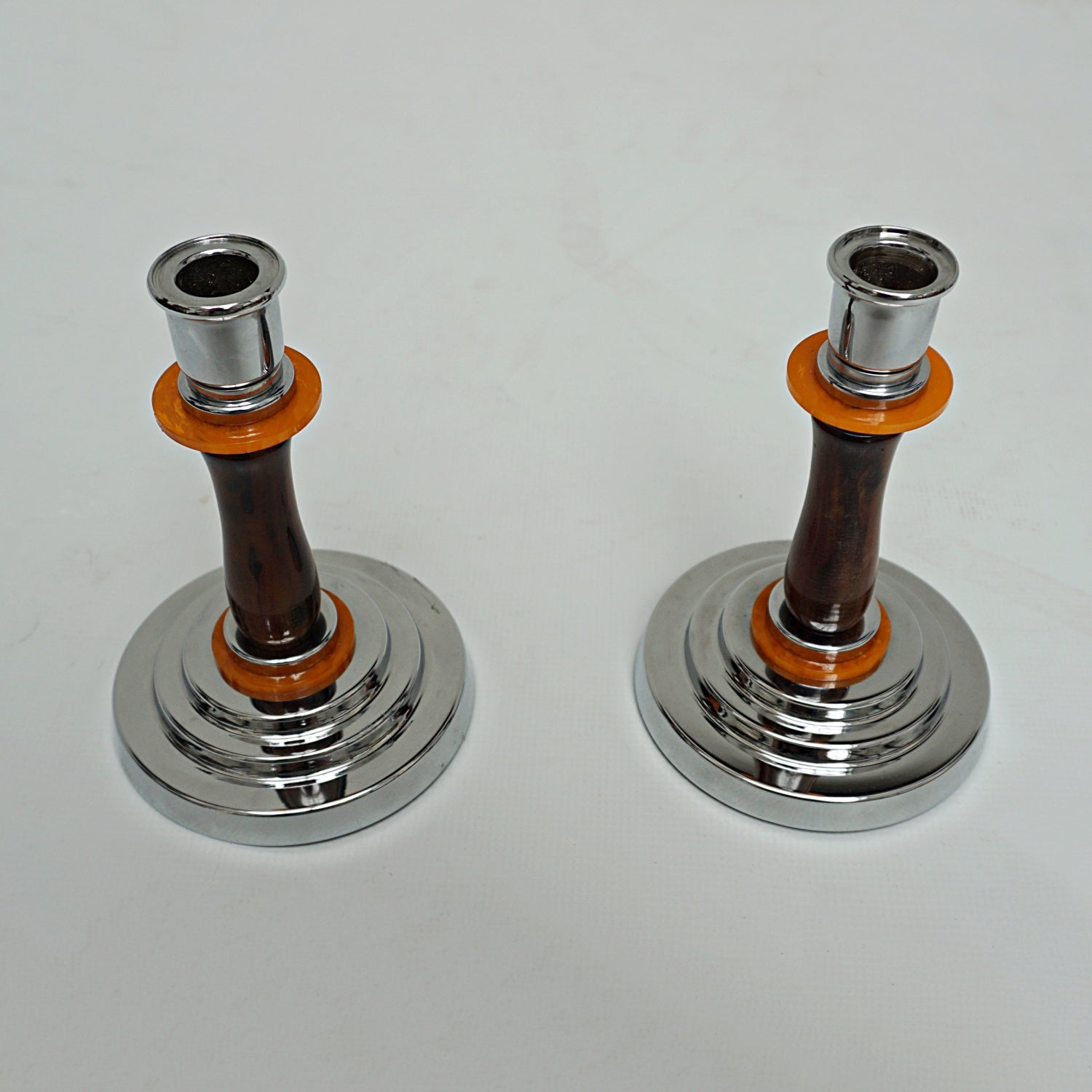 Pair of Vintage Art Deco Bakelite and Chromed Metal Candlesticks - Jeroen Markies Art Deco