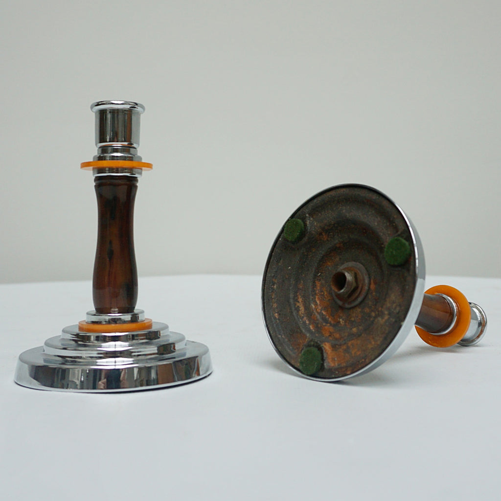 Pair of Vintage Art Deco Bakelite and Chromed Metal Candlesticks - Jeroen Markies Art Deco