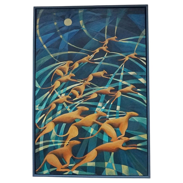 Contemporary Art Deco Style Oil on Canvas Painting of Dogs Running by Vera Jefferson - Jeroen Markies Art Deco