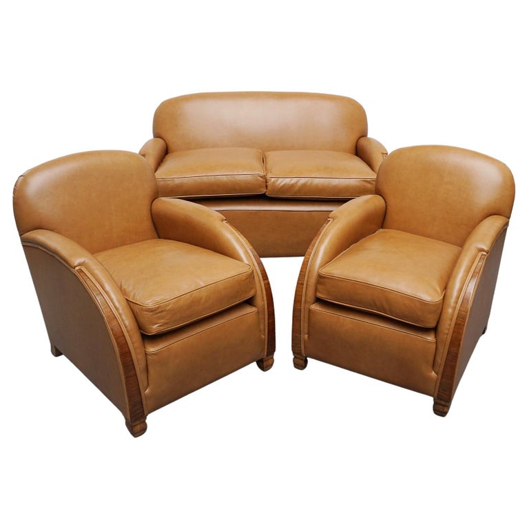 Vintage Art Deco Three Piece Lounge Suite Leather and Walnut Circa 1935 - Jeroen Markies Art Deco