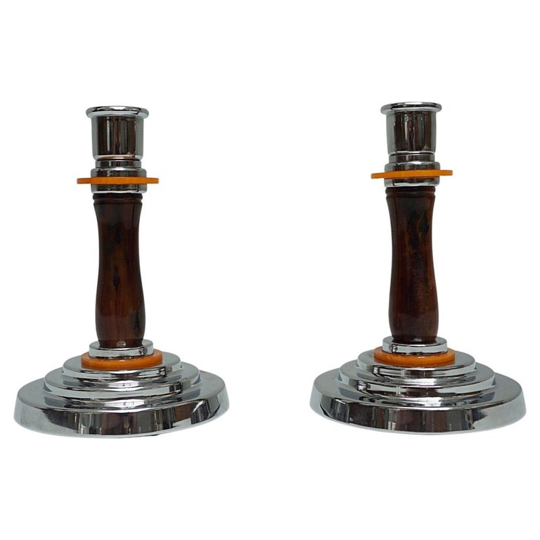 Pair of Vintage Art Deco Bakelite and Chromed Metal Candlesticks - Jeroen Markies Art Deco