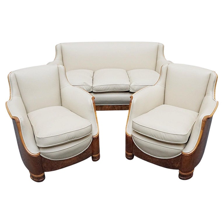 Vintage Art Deco Three Piece Lounge Suite by Maurice Adams Circa 1930 Burr Walnut and Leather - Jeroen Markies Art Deco