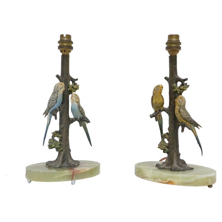 Pair of Art Deco Cold-painted Bronze Budgerigar Table Lamps Set Over Onyx Base