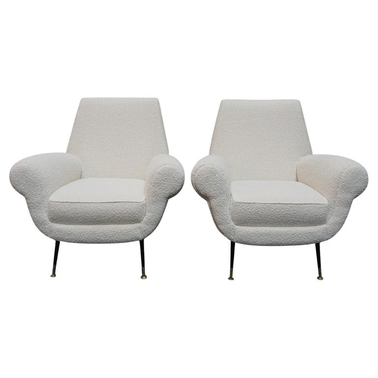Mid-Century Modern Italian Lounge Chairs-White Boucle Upholstery-Gigi Raddice- Minotti - Jeroen Markies Art Deco