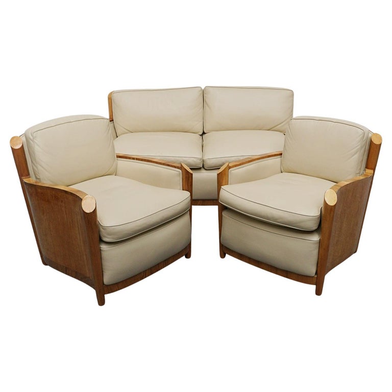 Vintage Art Deco Sofa and Chairs Leather Upholstery and Birdseye Maple - Jeroen Markies Art Deco
