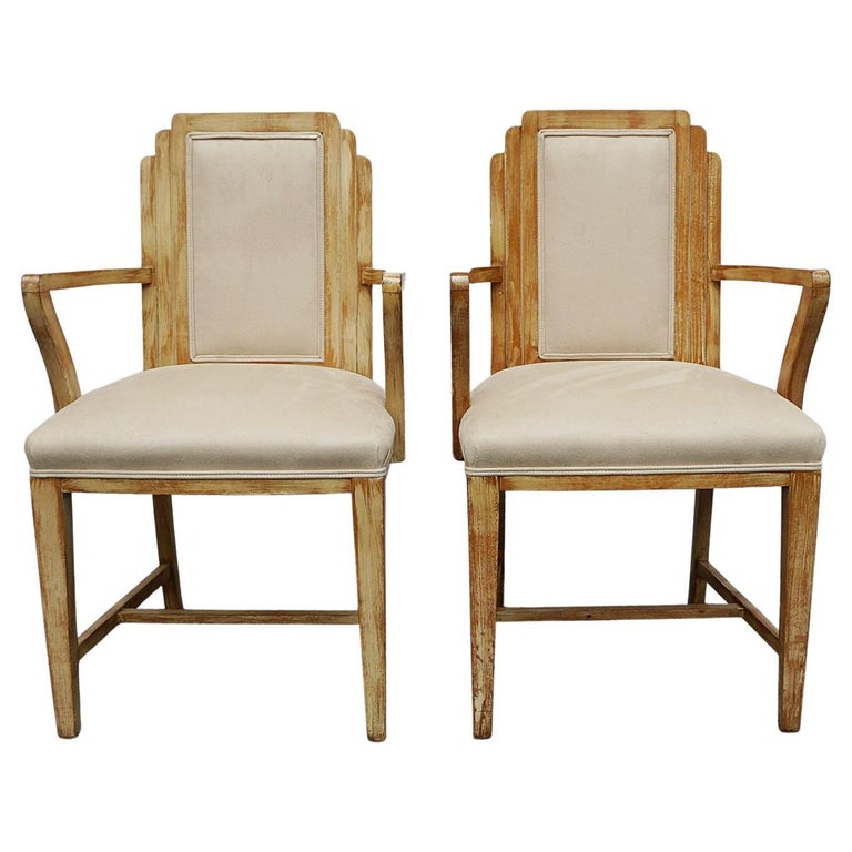 Vintage Pair of Limed Oak Armchairs Re-Upholstered in Faux Suede - Jeroen Markies Art Deco